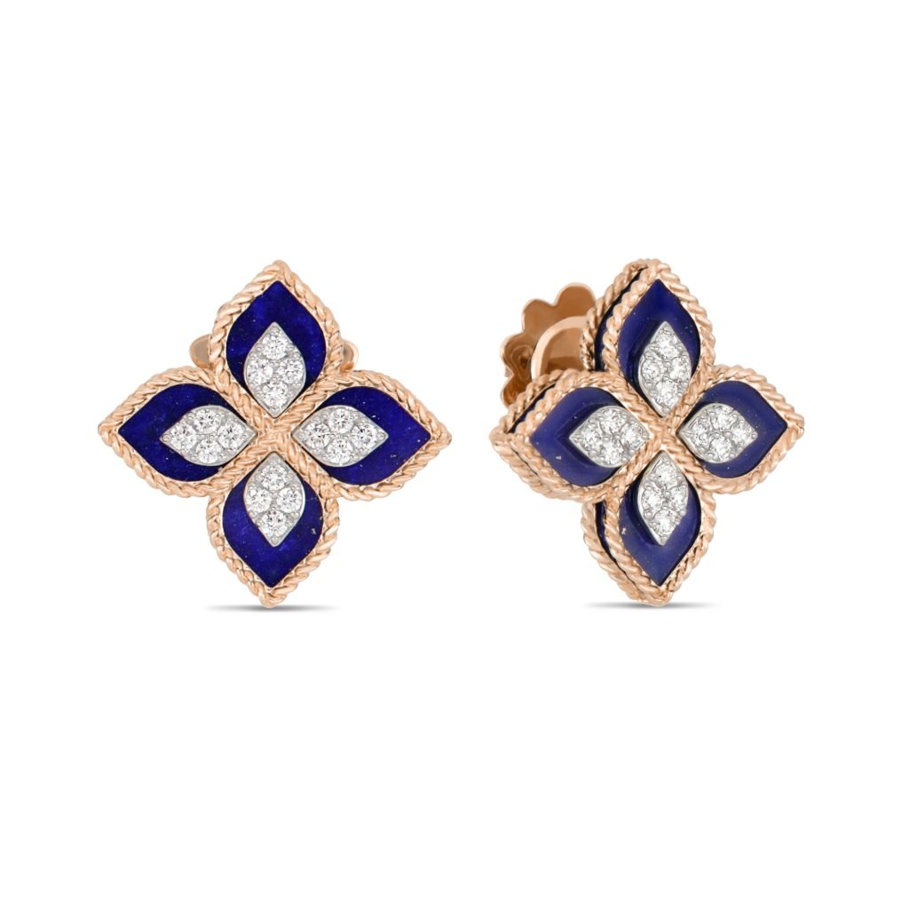 PRINCESS FLOWER EARRINGS WITH DIAMONDS AND LAPIS