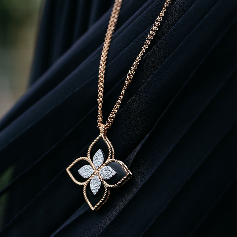 PRINCESS FLOWER PENDANT WITH DIAMONDS AND BLACK JADE