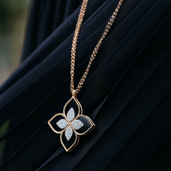 PRINCESS FLOWER PENDANT WITH DIAMONDS AND BLACK JADE