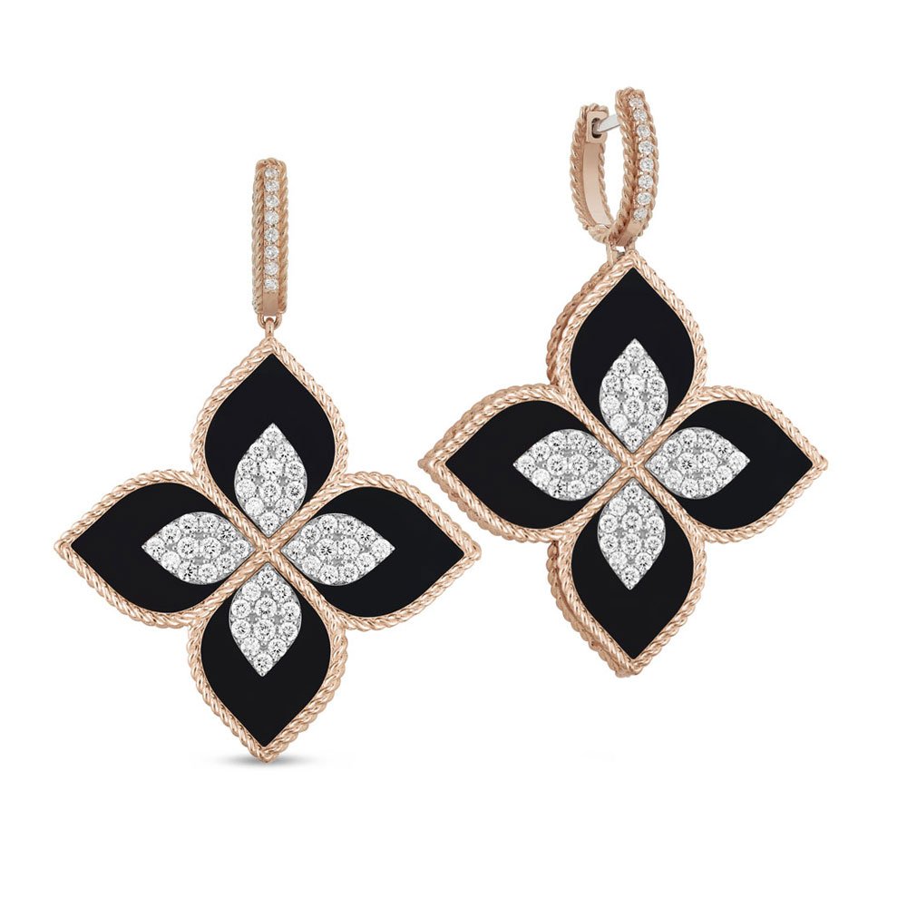 PRINCESS FLOWER EARRINGS WITH DIAMONDS AND BLACK JADE