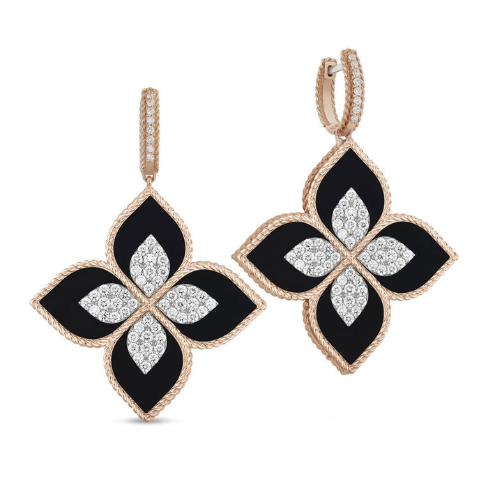 PRINCESS FLOWER EARRINGS WITH DIAMONDS AND BLACK JADE