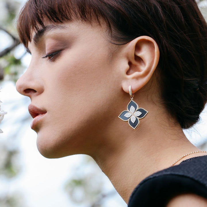 PRINCESS FLOWER EARRINGS WITH DIAMONDS AND BLACK JADE