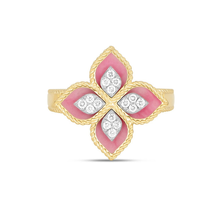 PRINCESS FLOWER RING WITH DIAMONDS AND RHODONITE
