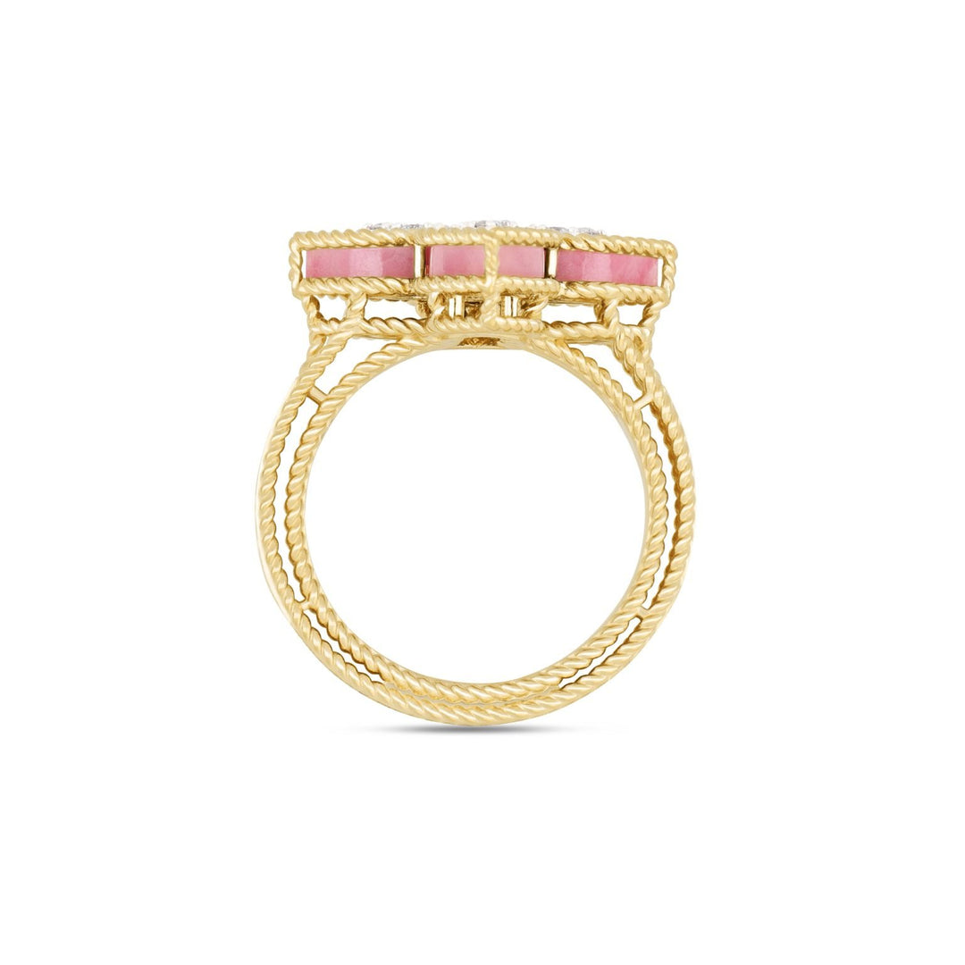 PRINCESS FLOWER RING WITH DIAMONDS AND RHODONITE