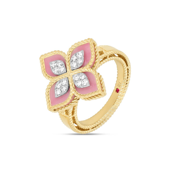 PRINCESS FLOWER RING WITH DIAMONDS AND RHODONITE