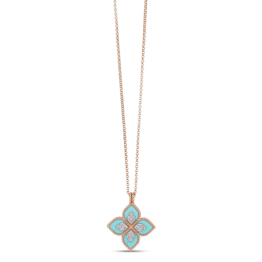 PRINCESS FLOWER PENDANT WITH DIAMONDS AND TURQUOISE