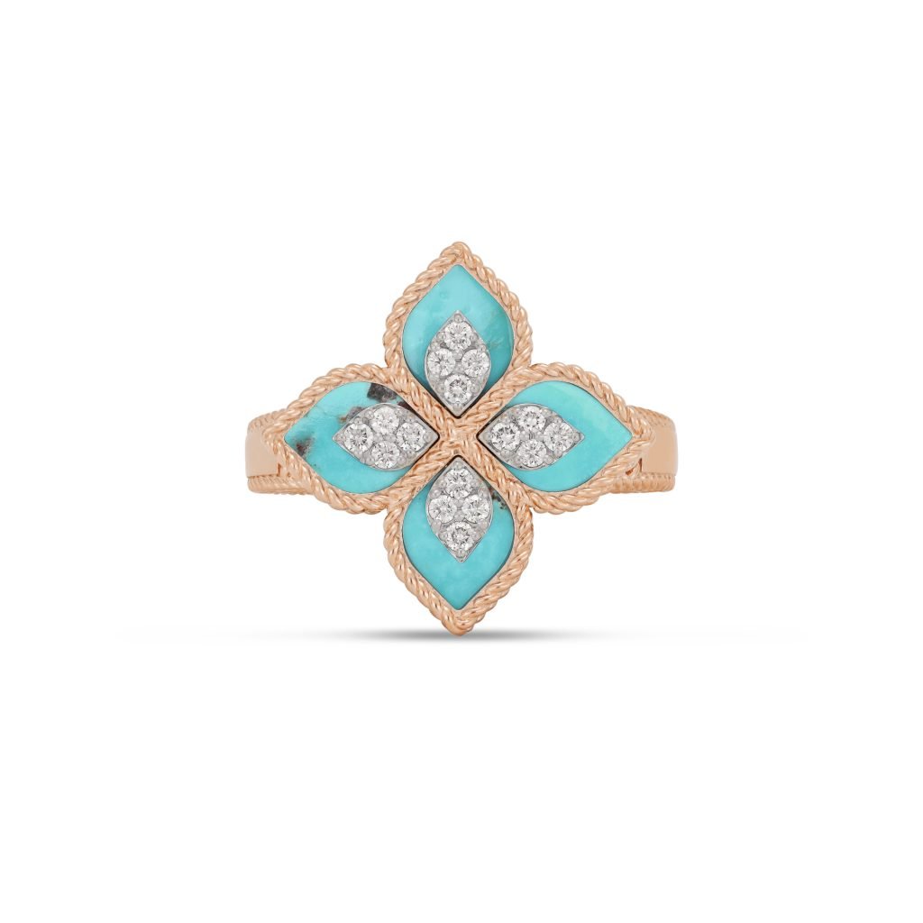PRINCESS FLOWER RING WITH DIAMONDS AND TURQUOISE