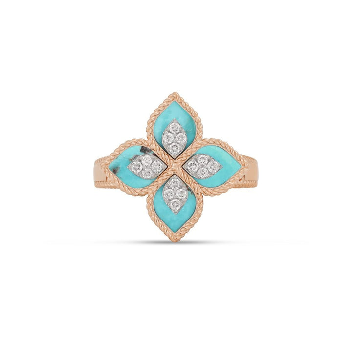 PRINCESS FLOWER RING WITH DIAMONDS AND TURQUOISE