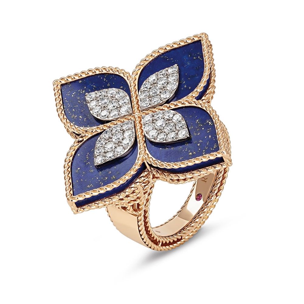 PRINCESS FLOWER RING WITH DIAMONDS AND LAPIS