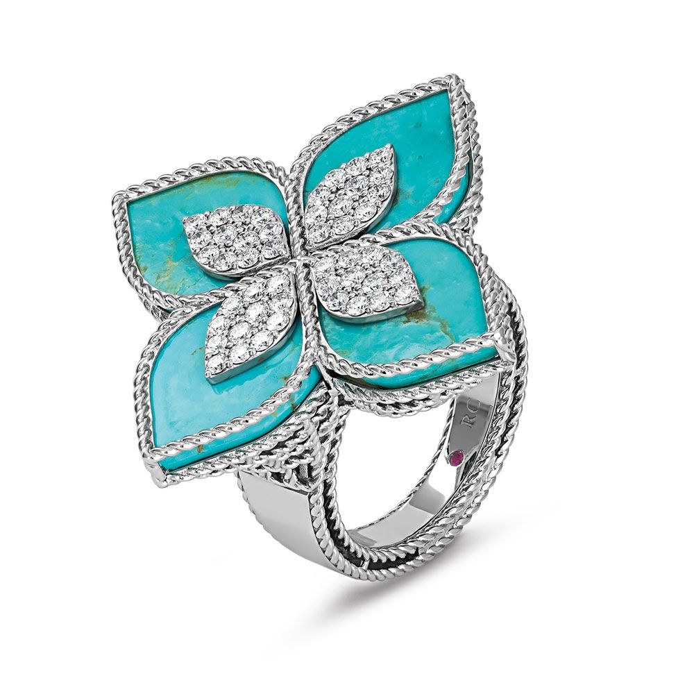 PRINCESS FLOWER RING WITH DIAMONDS AND TURQUOISE