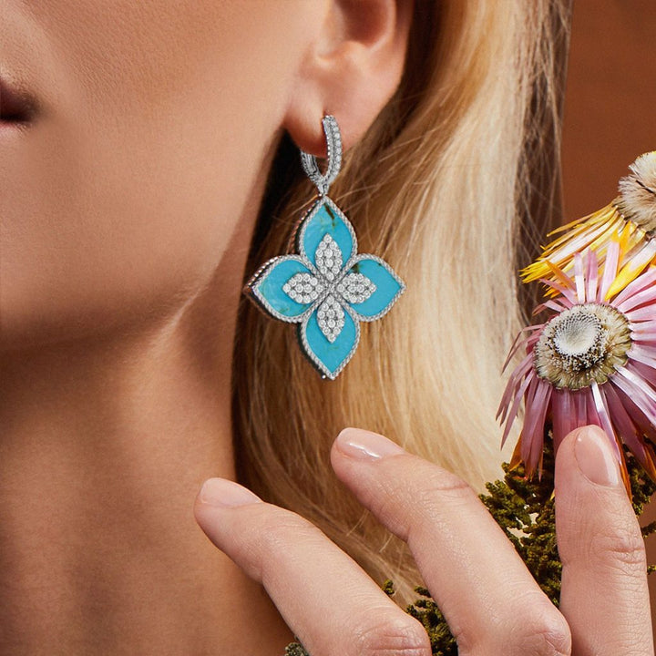 PRINCESS FLOWER EARRINGS WITH DIAMONDS AND TURQUOISE