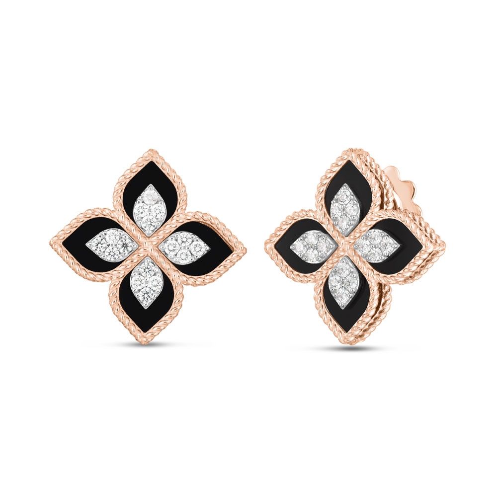 PRINCESS FLOWER EARRINGS WITH DIAMONDS AND BLACK JADE