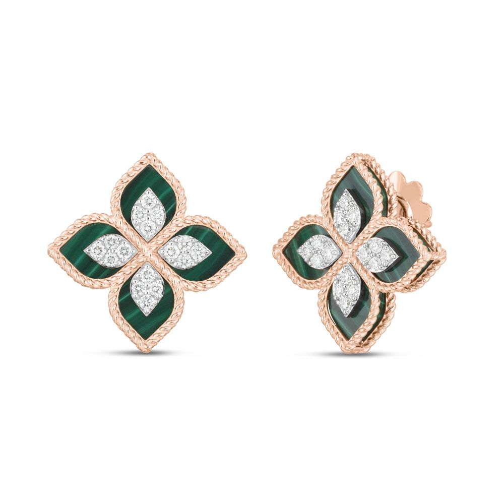 PRINCESS FLOWER EARRINGS WITH DIAMONDS AND MALACHITE