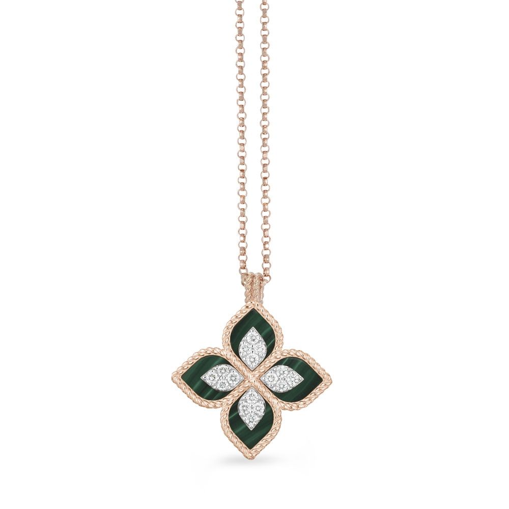 PRINCESS FLOWER PENDANT WITH DIAMONDS AND MALACHITE