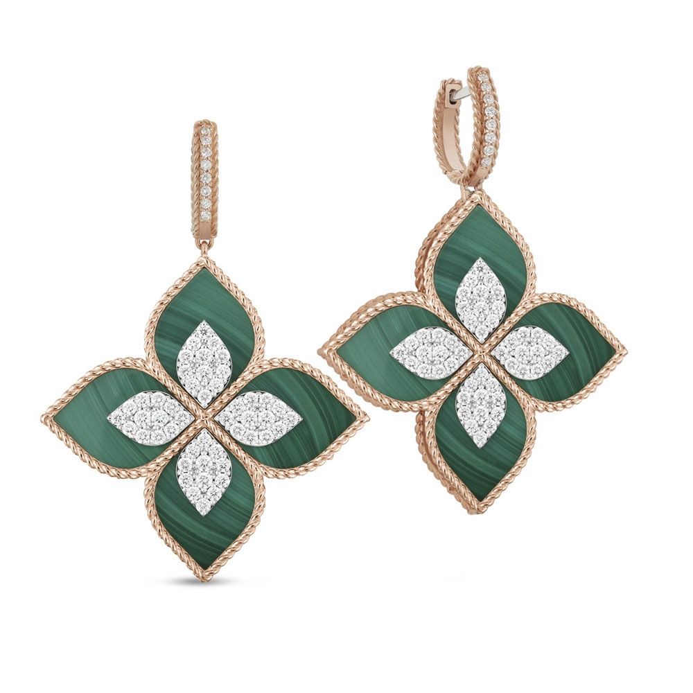 PRINCESS FLOWER EARRINGS WITH DIAMONDS AND MALACHITE
