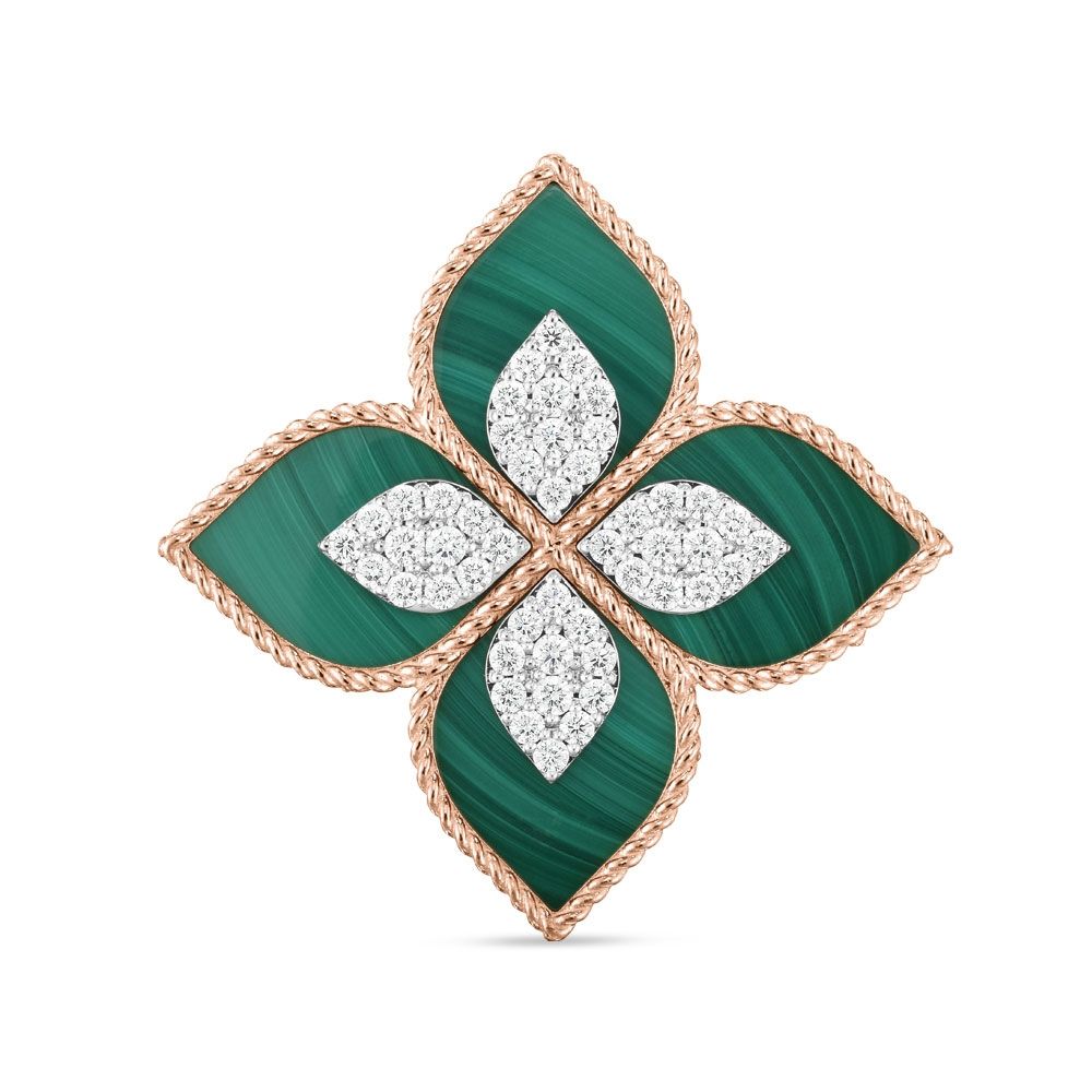 PRINCESS FLOWER RING WITH DIAMONDS AND MALACHITE