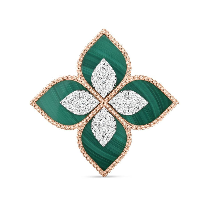 PRINCESS FLOWER RING WITH DIAMONDS AND MALACHITE