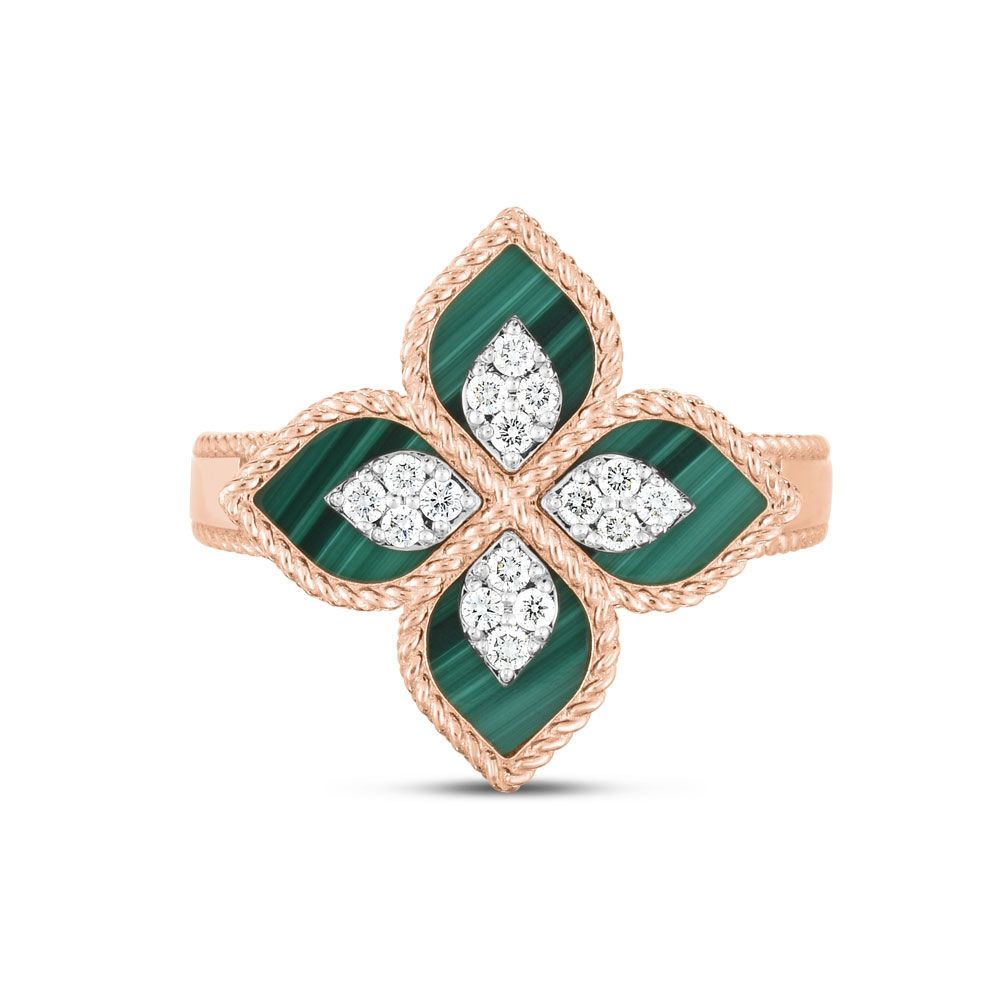 PRINCESS FLOWER RING WITH MALACHITE AND DIAMONDS