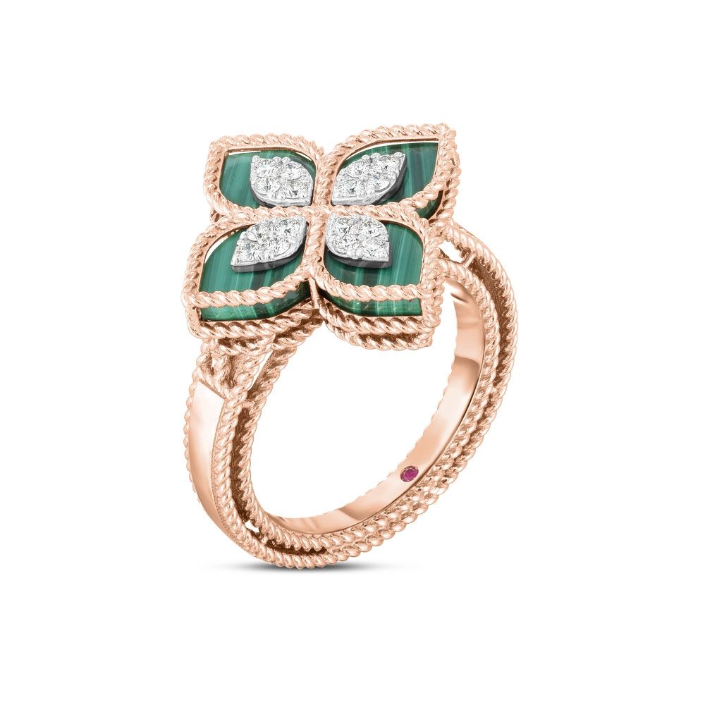 PRINCESS FLOWER RING WITH MALACHITE AND DIAMONDS