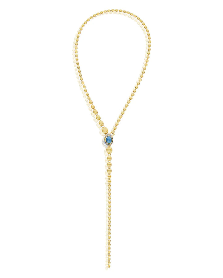 "REVERSE" GOLD, BLUE DIAMONDS, SWISS BLUE TOPAZ, GREEN SAPPHIRES AND LONDON BLUE TOPAZ CONVERTIBLE Y NECKLACE (SMALL)