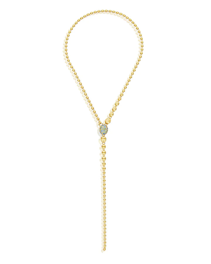 "REVERSE" GOLD, BLUE DIAMONDS, SWISS BLUE TOPAZ, GREEN SAPPHIRES AND LONDON BLUE TOPAZ CONVERTIBLE Y NECKLACE (SMALL)
