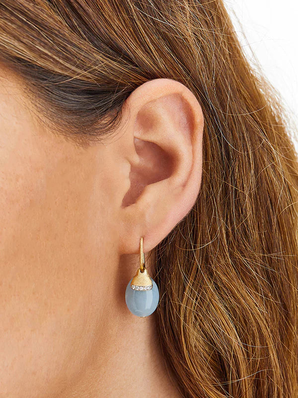"AZURE" CILIEGINE GOLD AND MILKY AQUAMARINE BALL DROP EARRINGS WITH DIAMONDS DETAILS (LARGE)