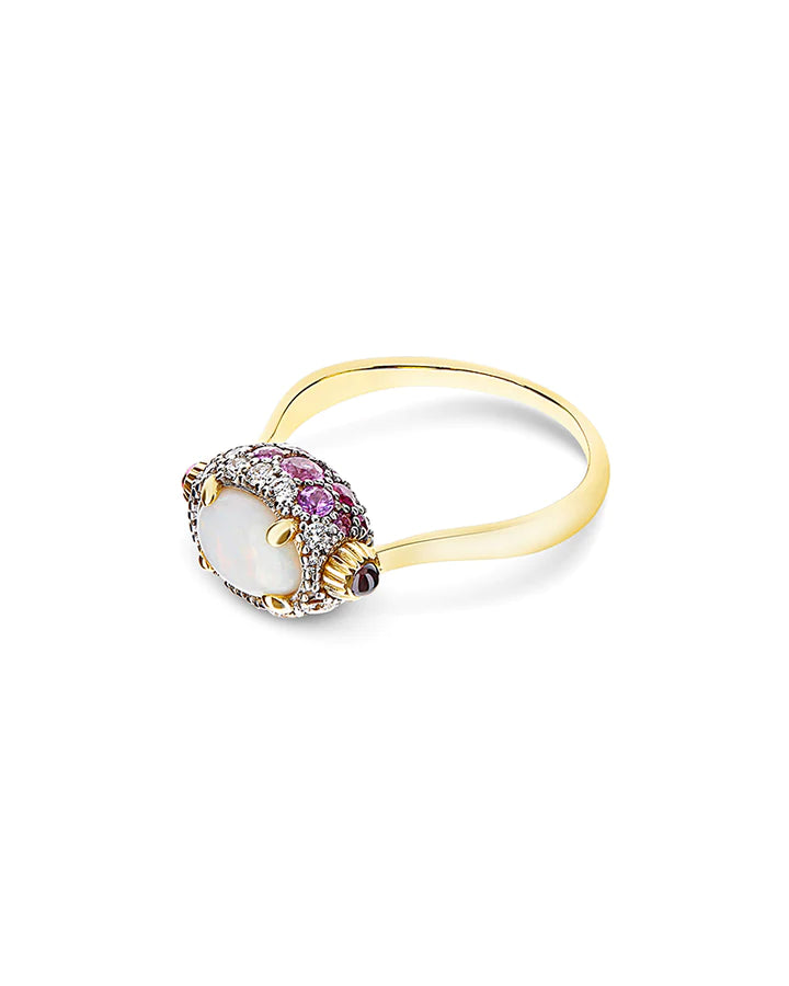 "REVERSE" GOLD, PINK SAPPHIRES, RUBIES, WHITE AUSTRALIAN OPAL AND DIAMONDS DOUBLE-FACE RING (SMALL)