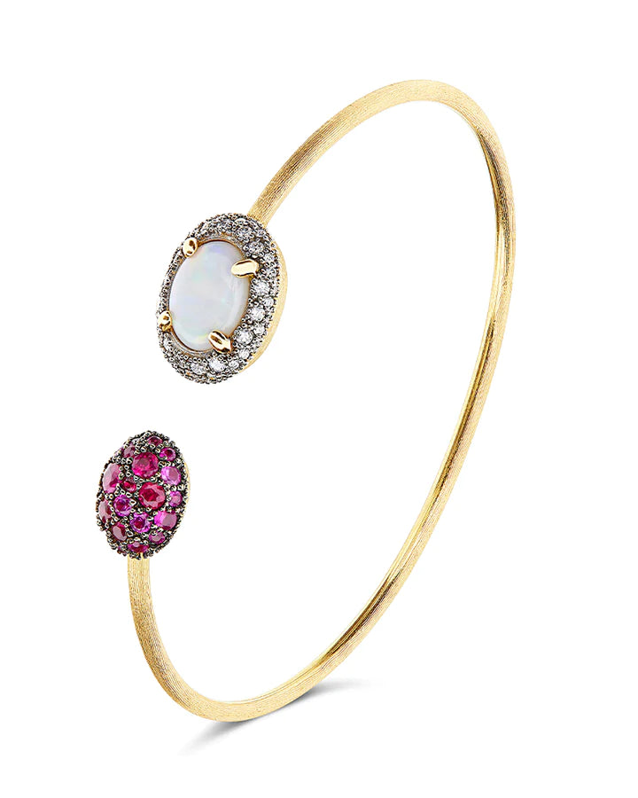 "REVERSE" GOLD, PINK SAPPHIRES, RUBIES, WHITE AUSTRALIAN OPAL AND DIAMONDS BANGLE
