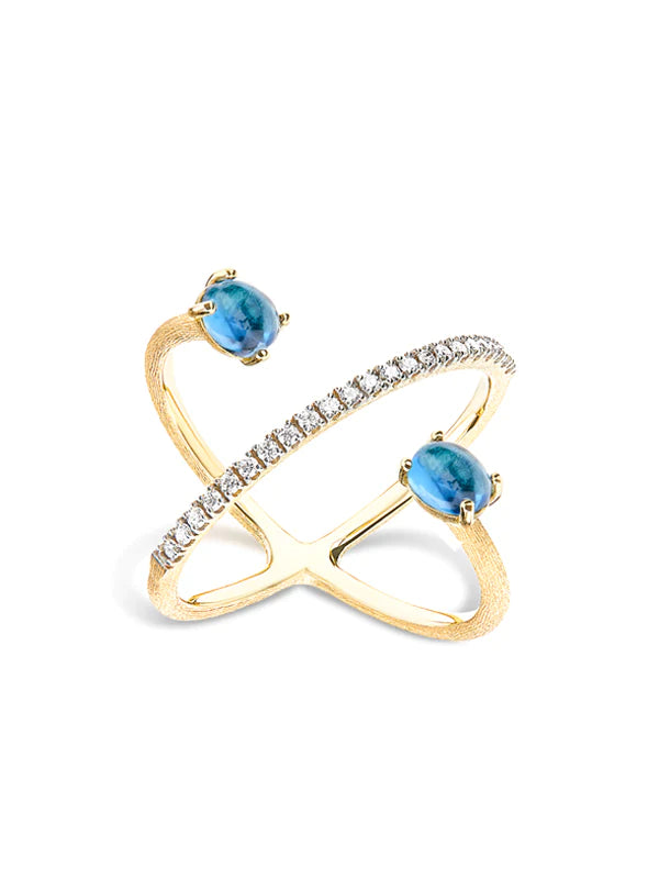"AZURE" GOLD, DIAMONDS AND LONDON BLUE TOPAZ CRISS CROSS RING