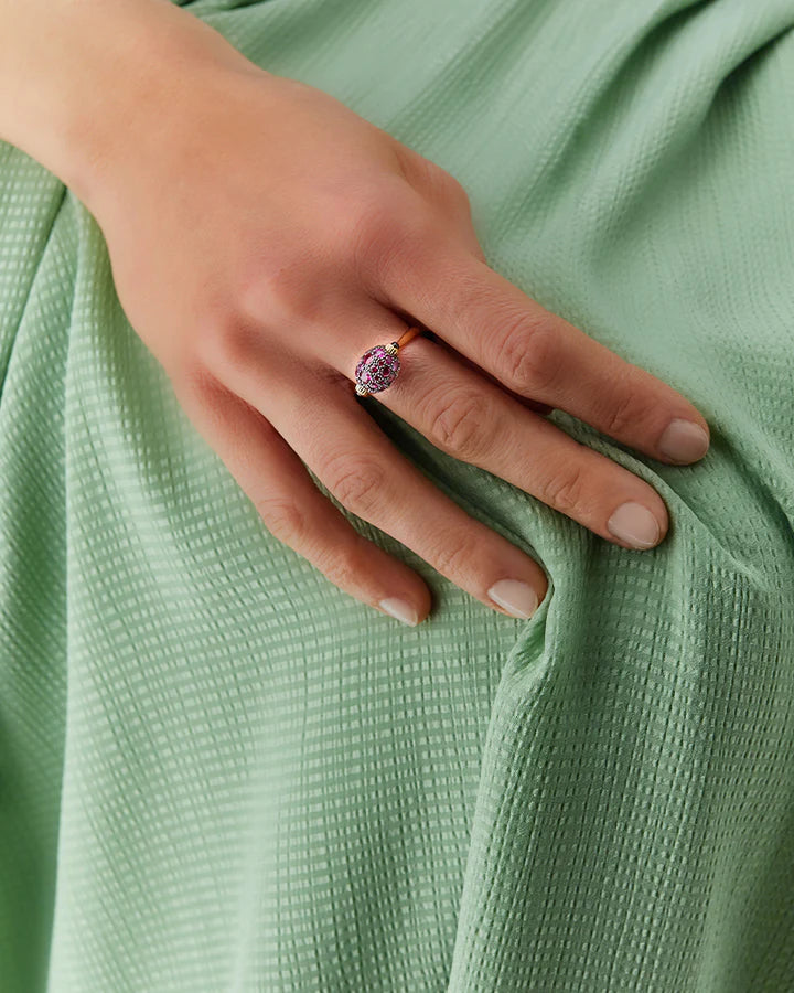 "REVERSE" GOLD, PINK SAPPHIRES, RUBIES, WHITE AUSTRALIAN OPAL AND DIAMONDS DOUBLE-FACE RING (SMALL)