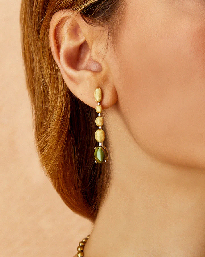 "TOURMALINES" GOLD, DIAMONDS AND GREEN TOURMALINE BALL DROP EARRINGS (LONG)