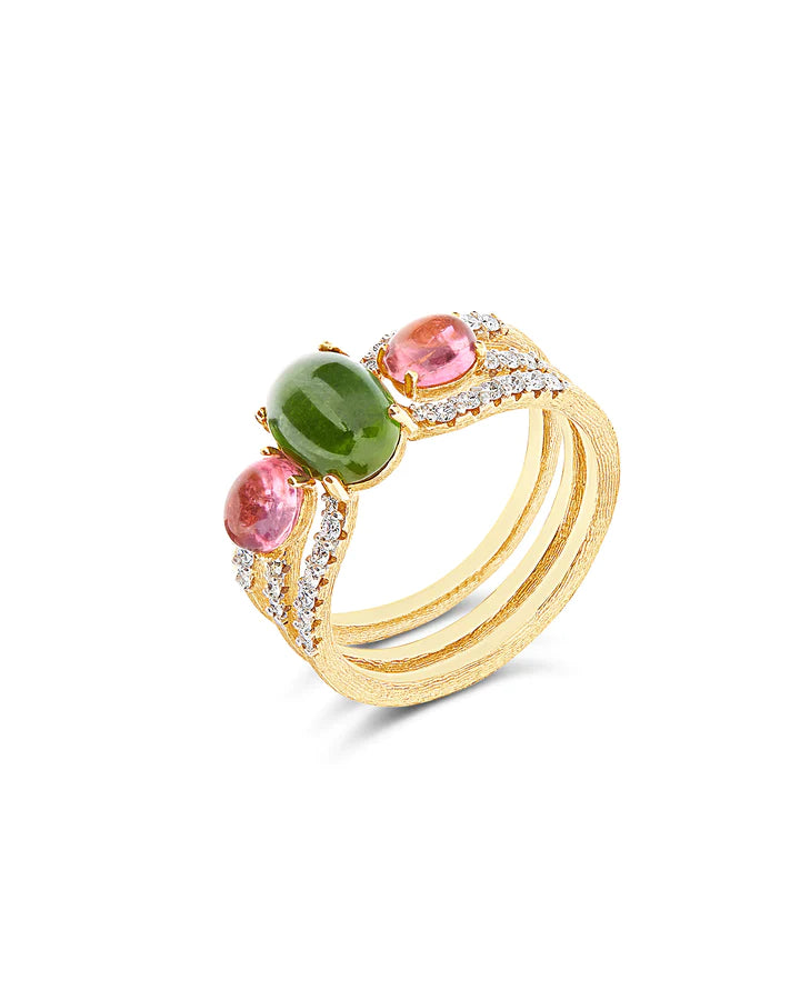 "TOURMALINES" GOLD AND DIAMONDS, PINK AND GREEN TOURMALINES, DOUBLE PIECE RING