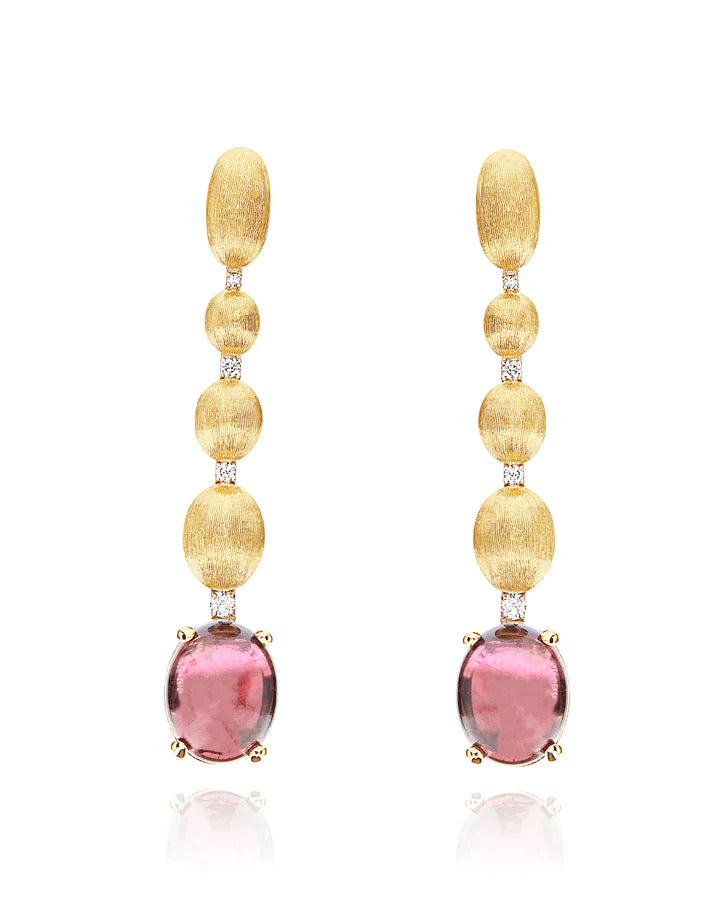 ORECCHINI "DANCING TOURMALINES" CON BOULES PENDENTI IN ORO, DIAMANTI E TORMALINA ROSA (LUNGHI)