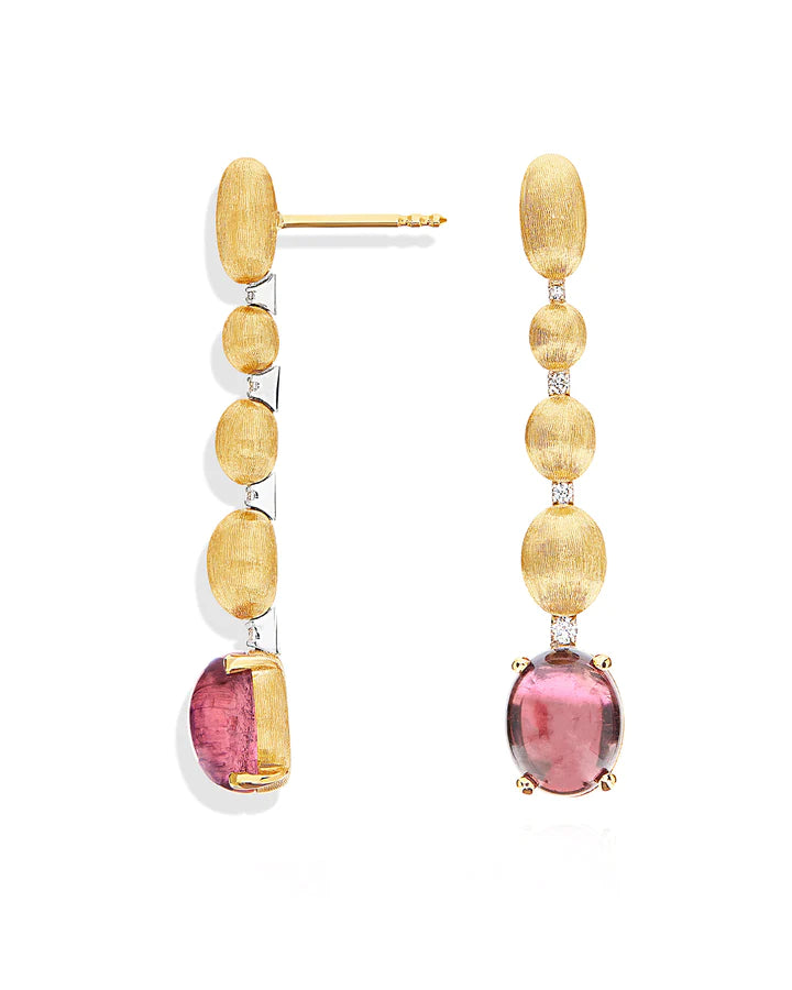 ORECCHINI "DANCING TOURMALINES" CON BOULES PENDENTI IN ORO, DIAMANTI E TORMALINA ROSA (LUNGHI)