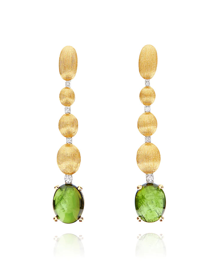 "TOURMALINES" GOLD, DIAMONDS AND GREEN TOURMALINE BALL DROP EARRINGS (LONG)