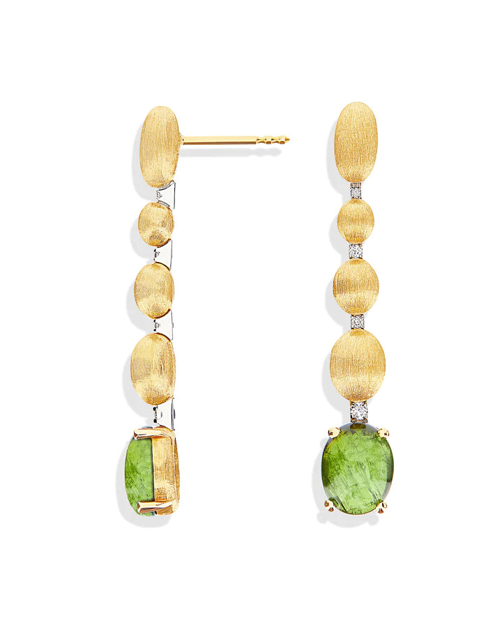 "TOURMALINES" GOLD, DIAMONDS AND GREEN TOURMALINE BALL DROP EARRINGS (LONG)