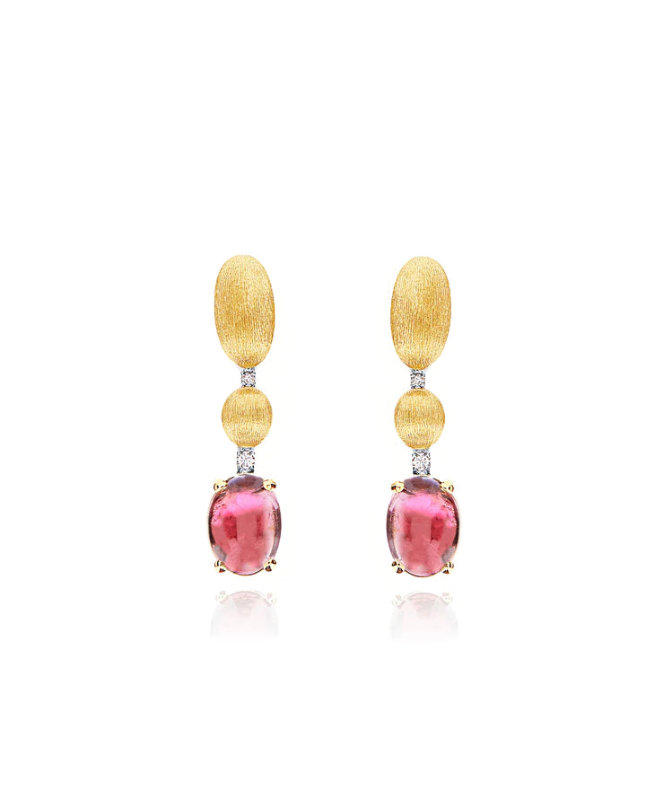 "TOURMALINES" GOLD, DIAMONDS AND PINK TOURMALINE BALL DROP EARRINGS (SHORT)
