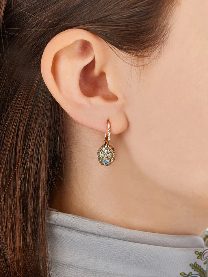 "REVERSE" CILIEGINE GOLD, BLUE DIAMONDS, SWISS BLUE TOPAZ, GREEN SAPPHIRES AND LONDON BLUE TOPAZ DOUBLE-FACE BALL DROP EARRINGS (SMALL)