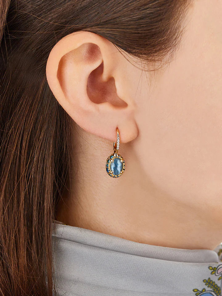 "REVERSE" CILIEGINE GOLD, BLUE DIAMONDS, SWISS BLUE TOPAZ, GREEN SAPPHIRES AND LONDON BLUE TOPAZ DOUBLE-FACE BALL DROP EARRINGS (SMALL)