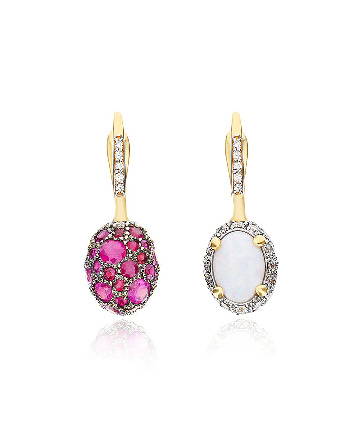 "REVERSE" CILIEGINE GOLD, PINK SAPPHIRES, RUBIES, WHITE AUSTRALIAN OPAL AND DIAMONDS DOUBLE-FACE BALL DROP EARRINGS (SMALL)