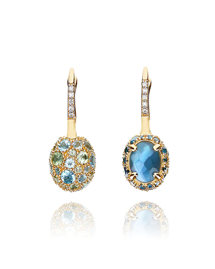 "REVERSE" CILIEGINE GOLD, BLUE DIAMONDS, SWISS BLUE TOPAZ, GREEN SAPPHIRES AND LONDON BLUE TOPAZ DOUBLE-FACE BALL DROP EARRINGS (SMALL)