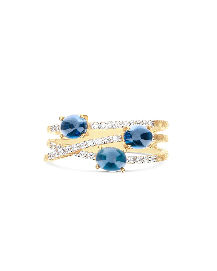 "AZURE" GOLD, DIAMONDS AND LONDON BLUE TOPAZ CROSS OVER RING