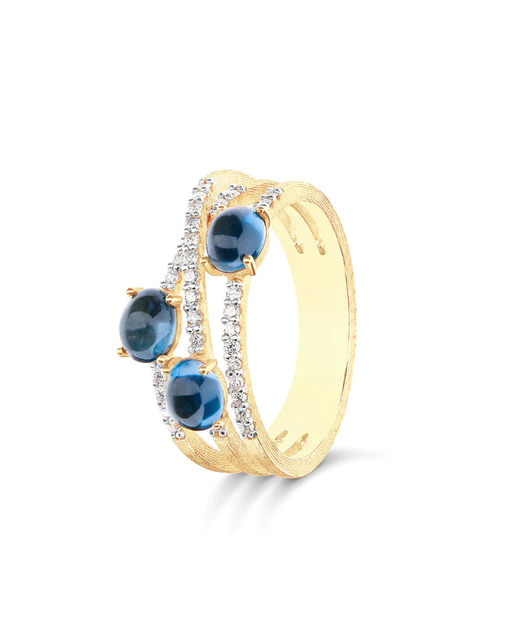 "AZURE" GOLD, DIAMONDS AND LONDON BLUE TOPAZ CROSS OVER RING