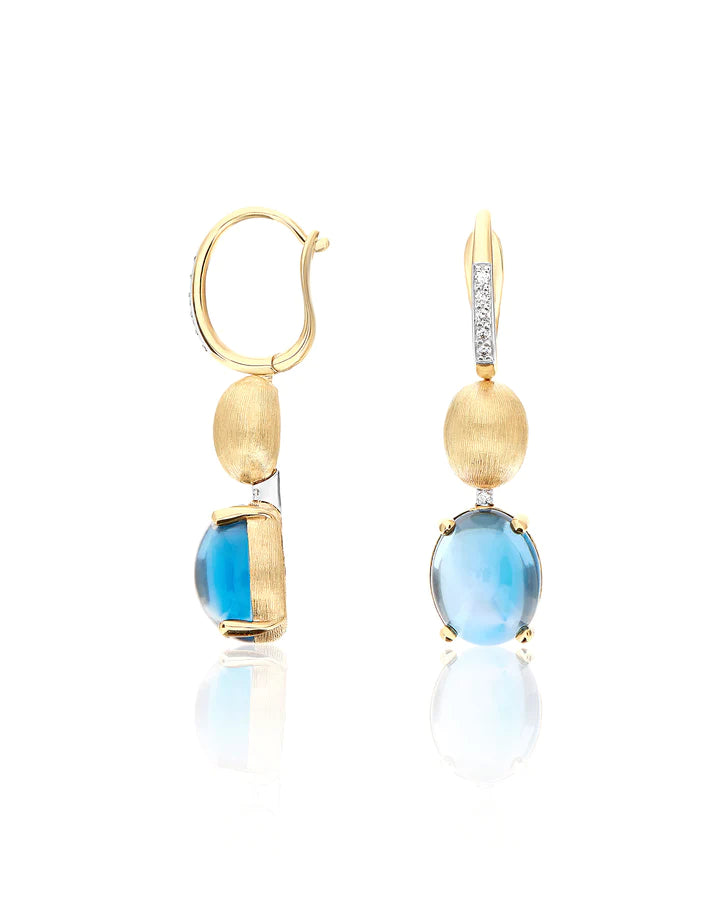 "AZURE" GOLD, DIAMONDS AND LONDON BLUE TOPAZ BOULES LEVERBACK EARRINGS