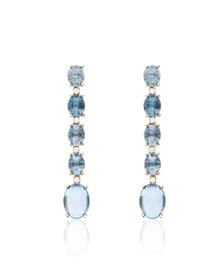 "AZURE" GOLD, DIAMONDS AND LONDON BLUE TOPAZ BOULES LONG EARRINGS