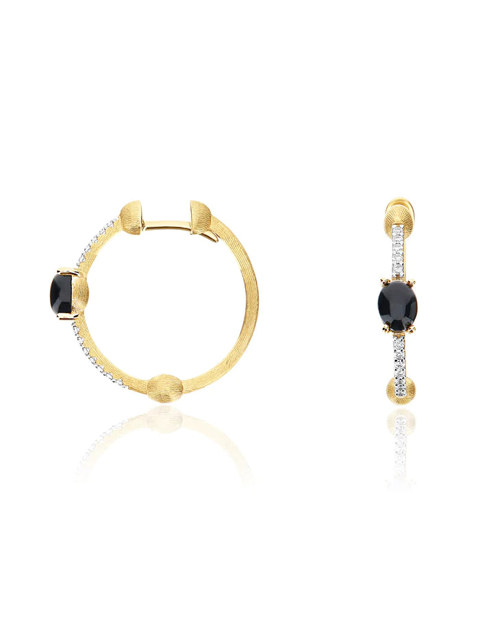 "MYSTERY BLACK" GOLD, BLACK ONYX AND DIAMONDS HOOP EARRINGS