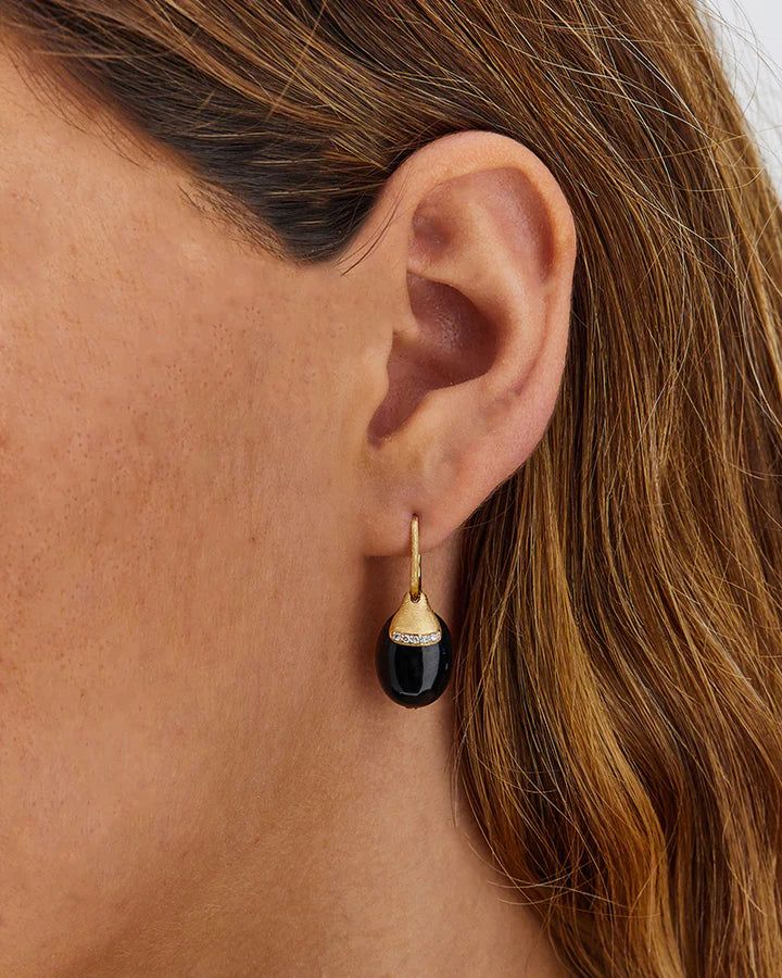 "CILIEGINA" GOLD AND BLACK ONYX BALL DROP SINGLE EARRING WITH DIAMONDS DETAILS (LARGE)