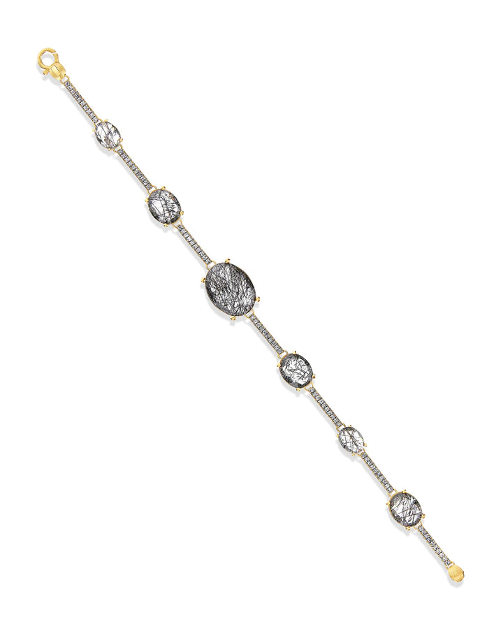 "ARIA" GREY RUTILATED QUARTZ, DIAMONDS AND GOLD BARS BRACELET