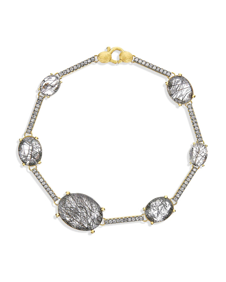 "ARIA" GREY RUTILATED QUARTZ, DIAMONDS AND GOLD BARS BRACELET