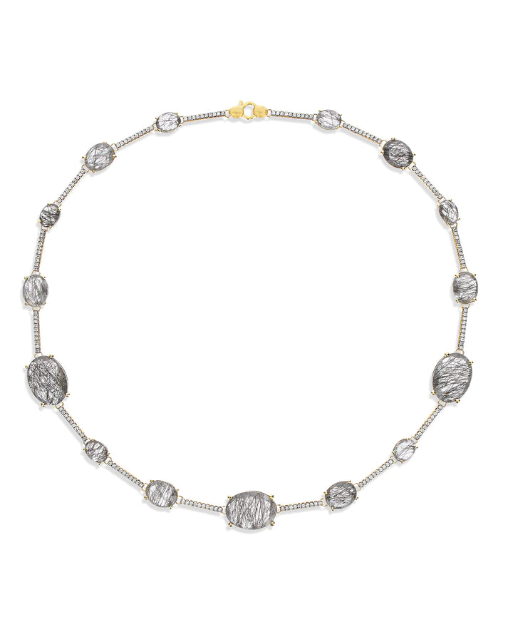 "ARIA" GREY RUTILATED QUARTZ, DIAMONDS AND GOLD BARS COLLAR NECKLACE